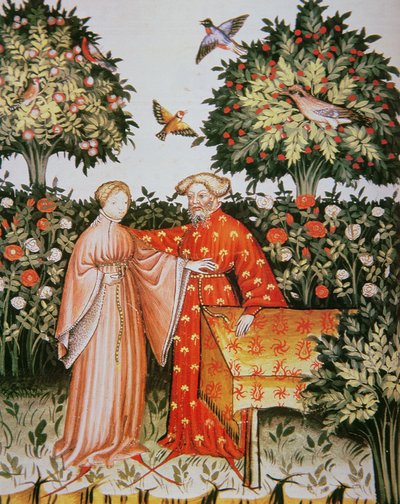Alegoría de la felicidad, ilustración de Tacuinum Sanitatis Codex Vindobonensis de Italian School